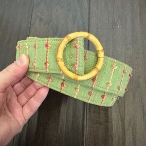 Vintage MARGARET SMITH Handcrafted Fabric Green Striped Wood Buckle BELT XL USA